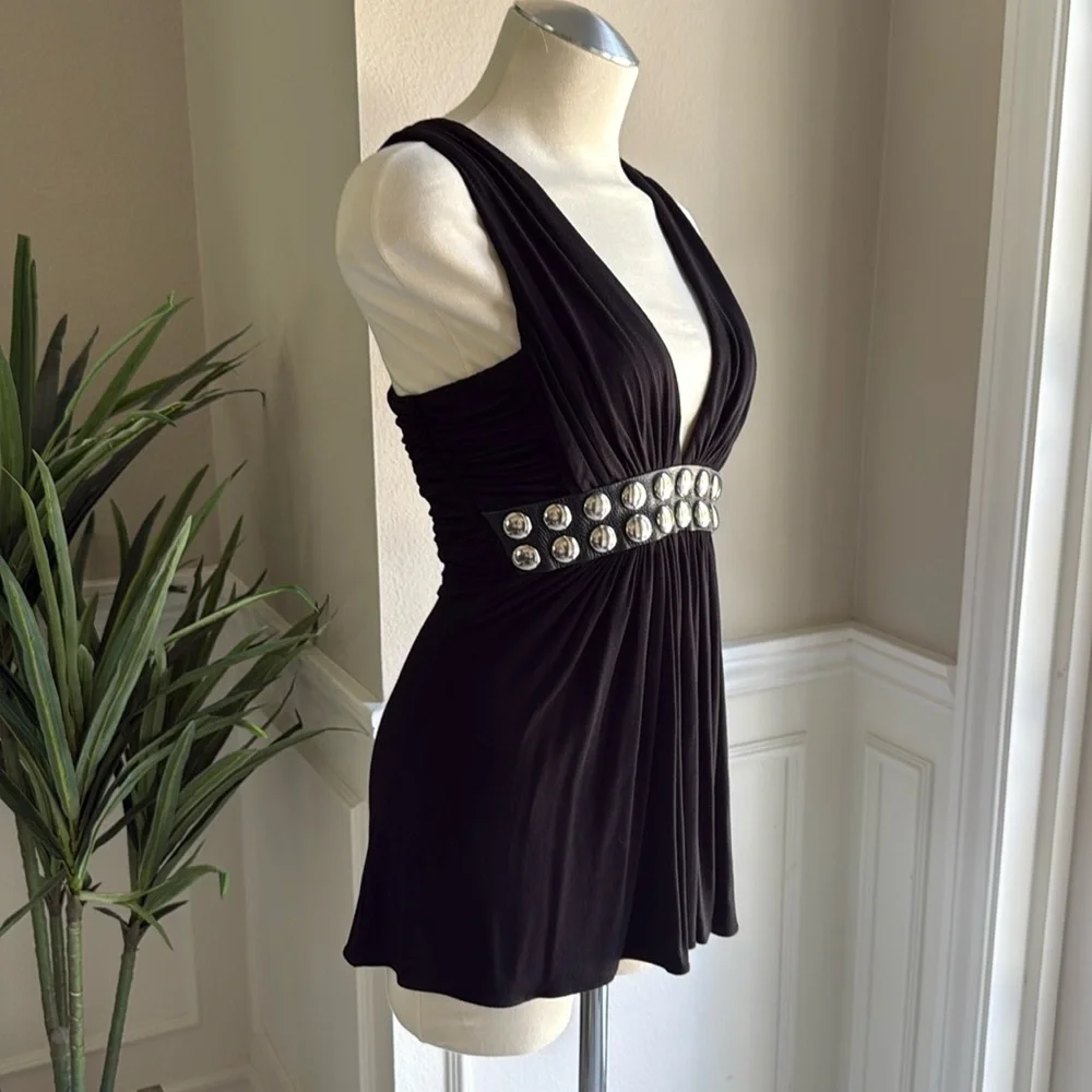 NEW SKY Brand Top Leather & Silver Metal Trim Y2K Black - Picture 3 of 8